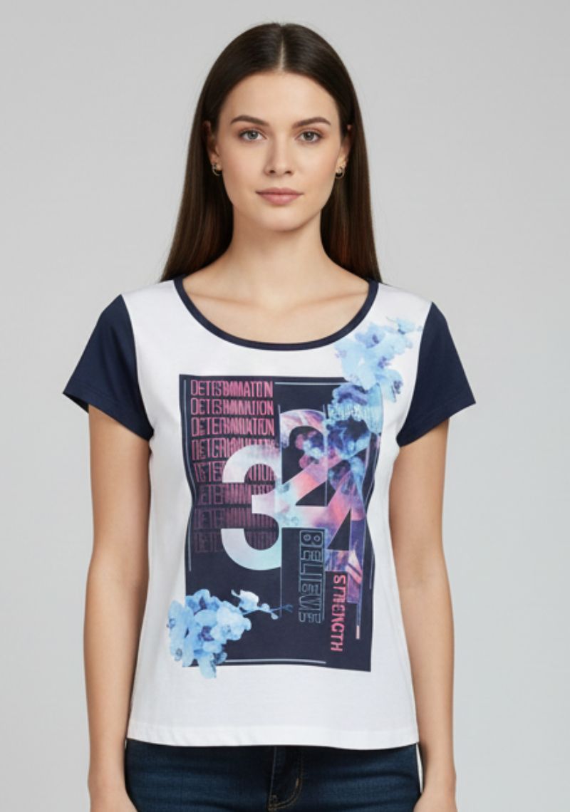 WOMEN WESTERN TOP - WHITE AND NAVY BLUE PAINTED