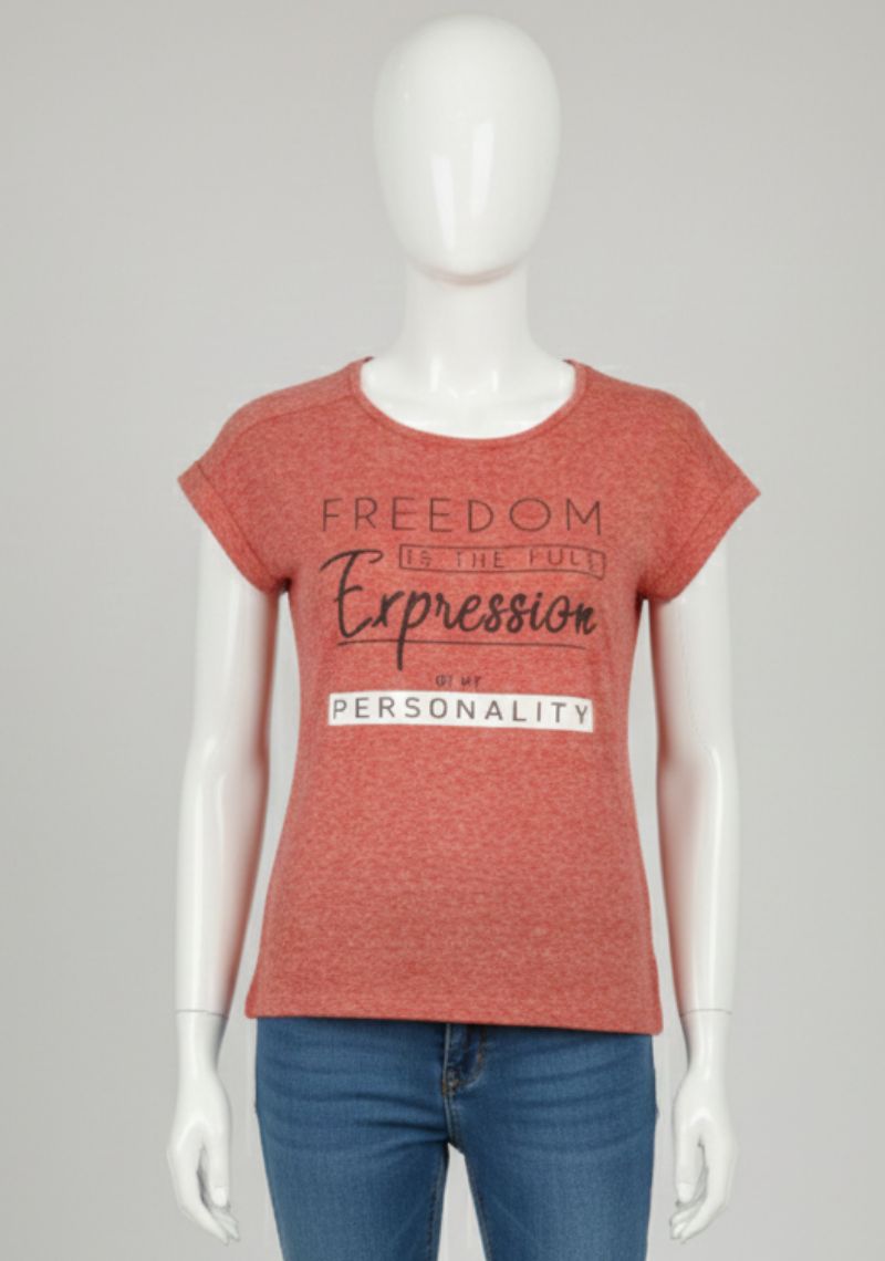 WOMENS T-SHIRT [MD] - ORANGE MELANGE & MULTI COLOR PRINT
