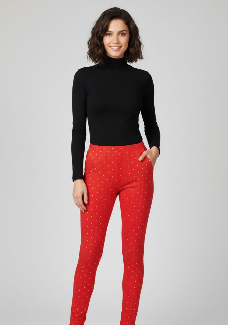WOMENS LEGGINGS [MD] - PURE RED AND WHITE DOT PRINTED
