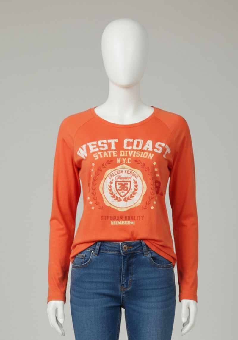 WOMENS T-SHIRT - ORANGE AND WHITE PRINTED