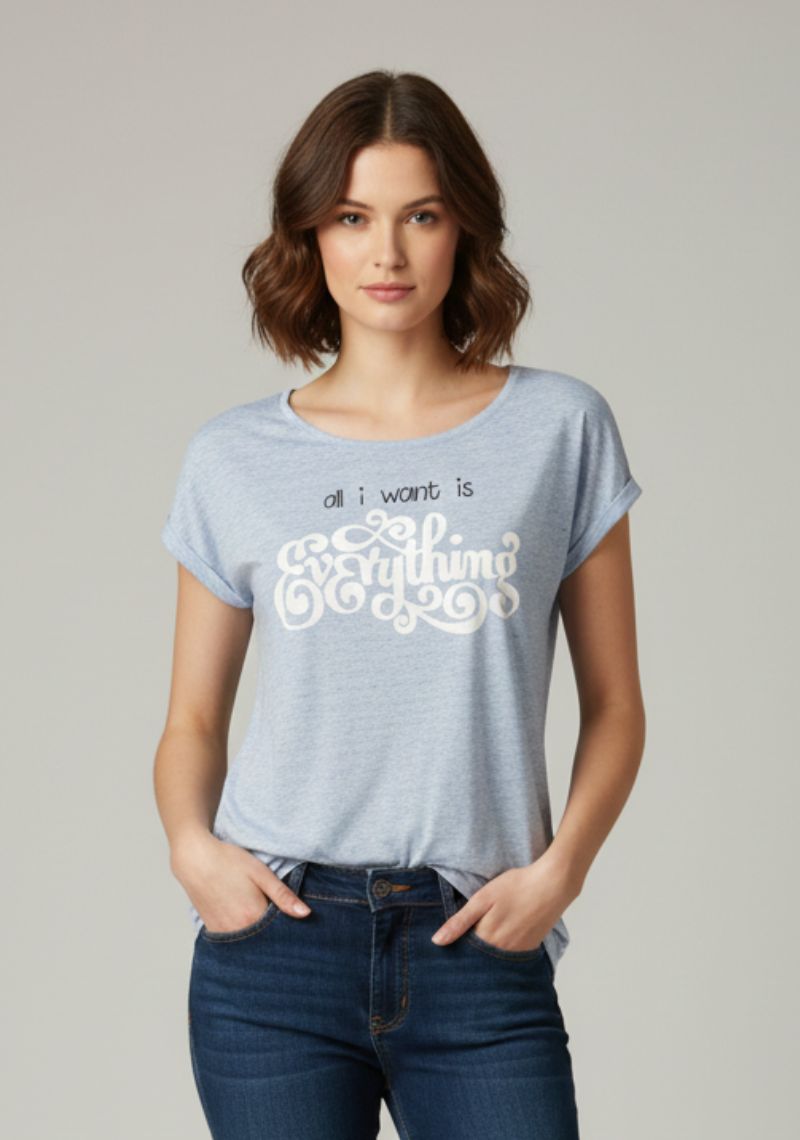 WOMENS T-SHIRT - LIGHT BLUE AND WHITE PRINTED