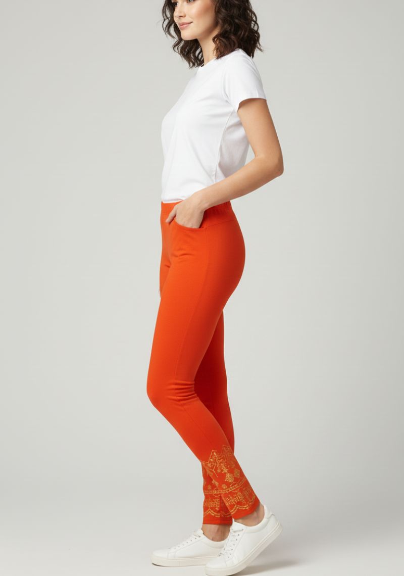WOMENS LEGGINGS [MD] - ORANGE AND GOLDEN PRINTED