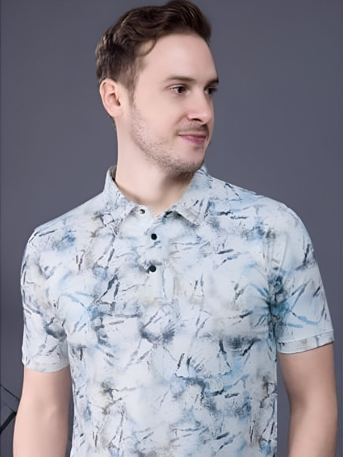 White with blue - structual knit all over print fabric